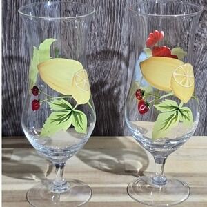 Hurricane Painted Floral &‎ Lemon Glasses Footed Barware Set of 2